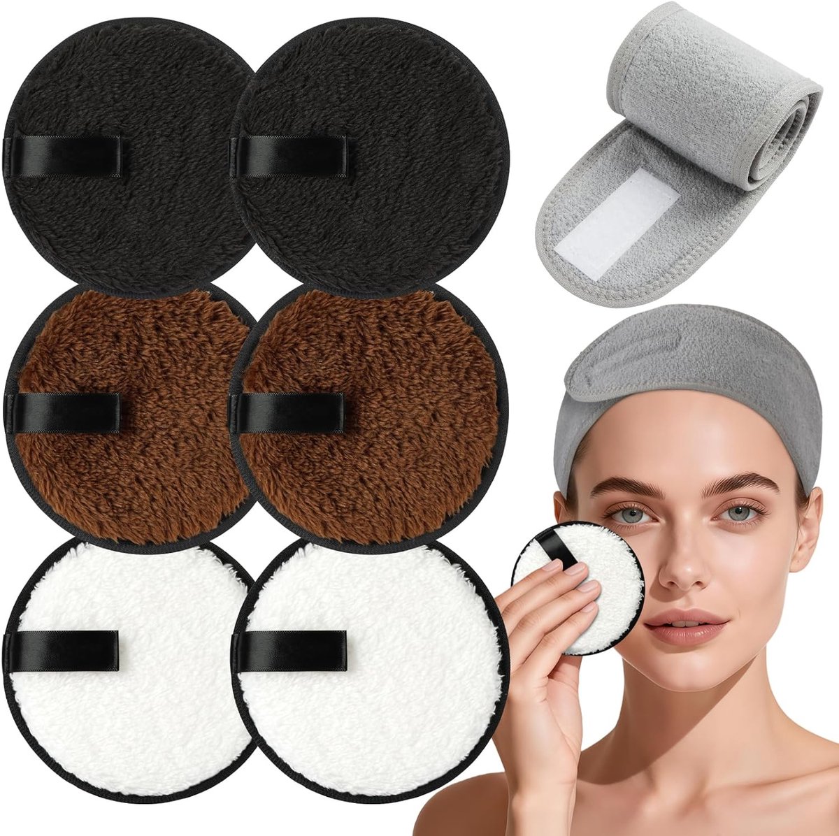 SnelShoppen - 6 Stuks Herbruikbare Make-up Remover Pads Set, Microvezel Katoenen Gezichtsdoekjes, Grote Dubbelzijdige Oogmake-up Verwijderaars met Spa