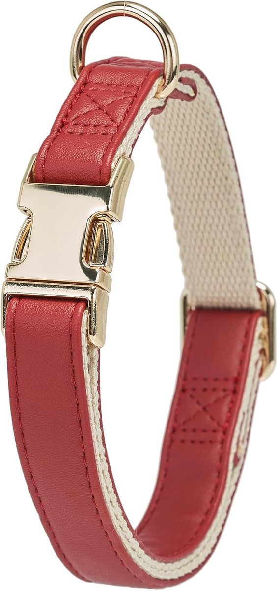 SnelShoppen - Soft Leather Hond Halsband met Veiligheid Snelsluiting, Natuurlijke Katoenen Voering voor Kleine Honden met Gevoelige Huid, Rood