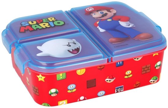 Rode broodtrommel met Super Mario thema. Bevat Mario, Boo en game-elementen zoals munten en blokken.