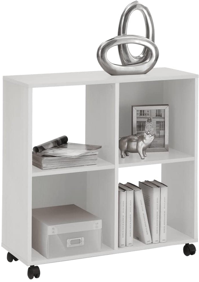SnelShoppen - Kantoorplank boekenplank op wieltjes - Wit - Ideaal voor A4-mappen - 72 x 77 x 33 cm (B x H x D) - Mobiele opbergruimte voor kantoor en