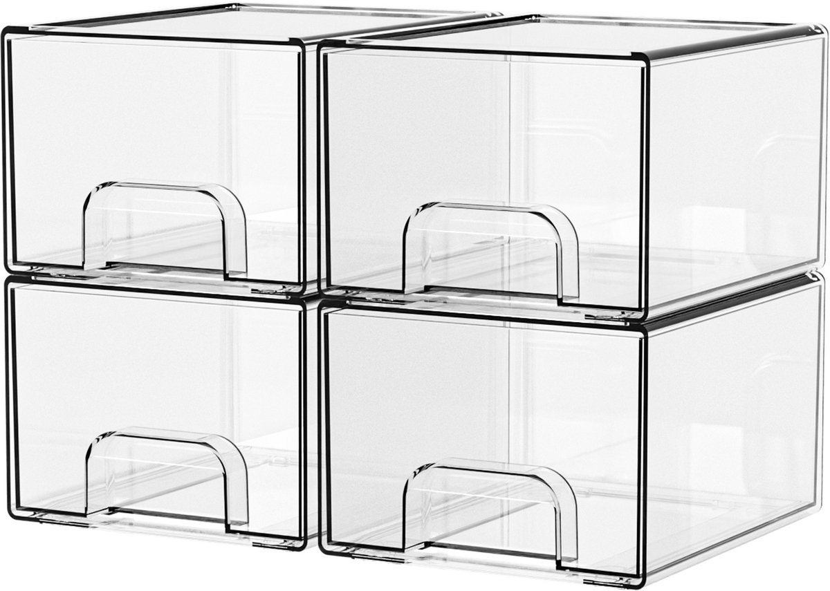 4-Delige Stapelbare Bureau Organizer - Transparante Make-up Lade - Acryl Opbergbakjes voor Badkamer, Keuken en Kantoor - Ruimtebesparende Opbergboxen voor Cosmetica
