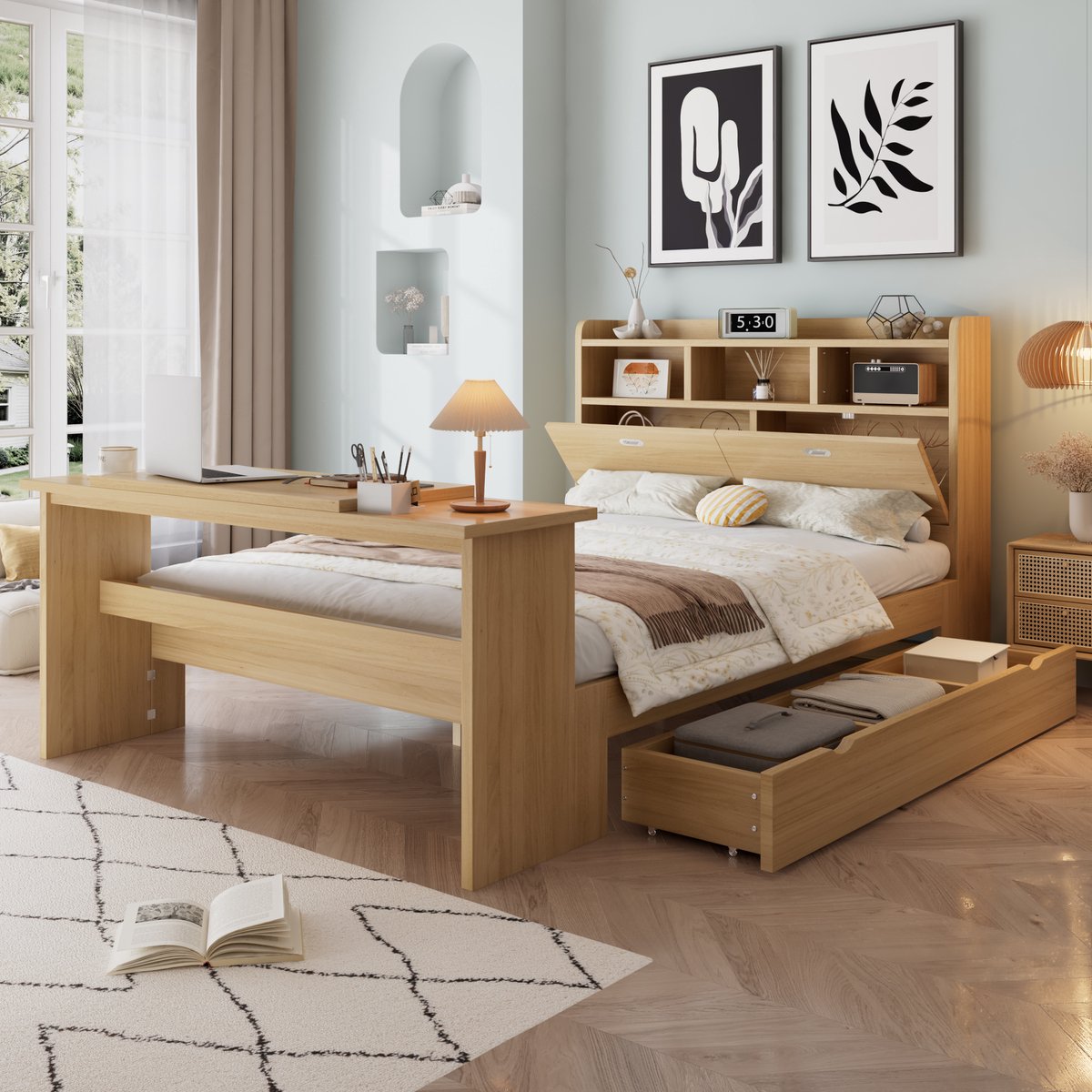 REDOM - Bed - Met opbergruimte - Hoofdbordrek en uitschuifbare lade - Verstelbare klaptafel - Moderne stijl - Slaapkamer - Hout - Natuurlijk - 264 x 147,5 x 120 cm