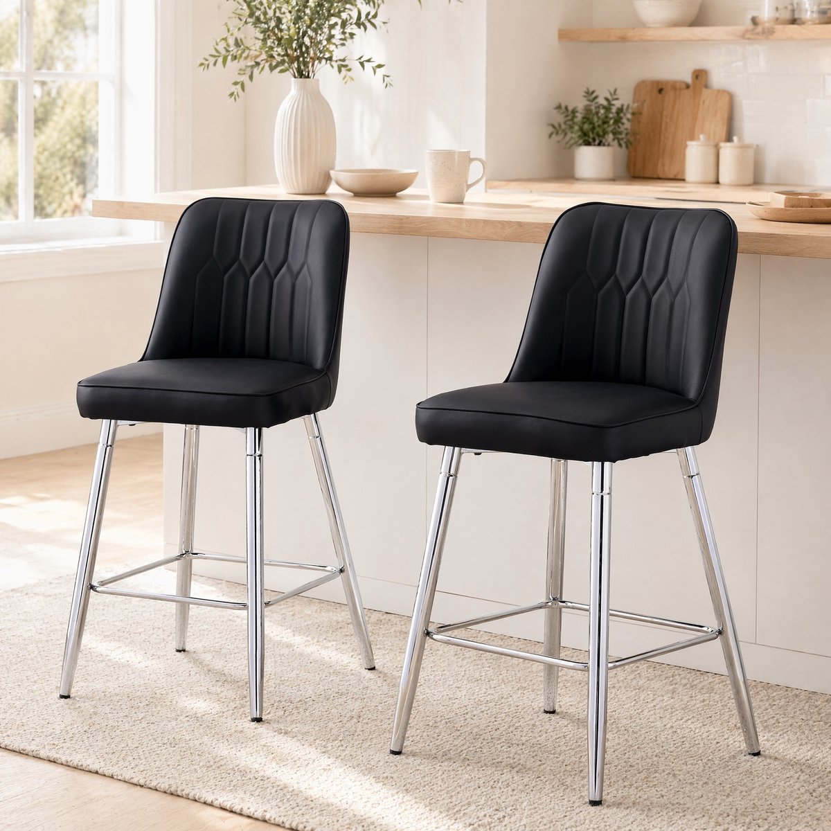 COVREO Barkruk set van 2 - 100 cm hoog - zwart kunstleer en zilverkleurig metaal - met rugleuning en voetsteun