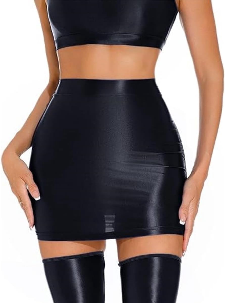 Mini Rok voor Dames - Glanzende Taille Bodycon Pencil Skirt, Slim Fit, Korte Rok voor Rave Party en Nachtclub, Elastische Wet Look met Neon Accenten