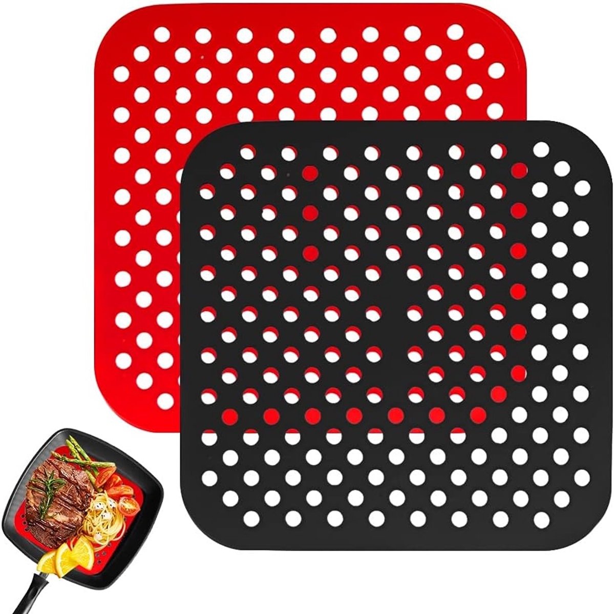 SnelShoppen - Air Fryer Mat Set van 2 Stuks Herbruikbare Siliconen Matten voor Airfryer, Antiaanbaklaag, Vierkant 21.8cm, Zwart en Rood, Ideaal voor K