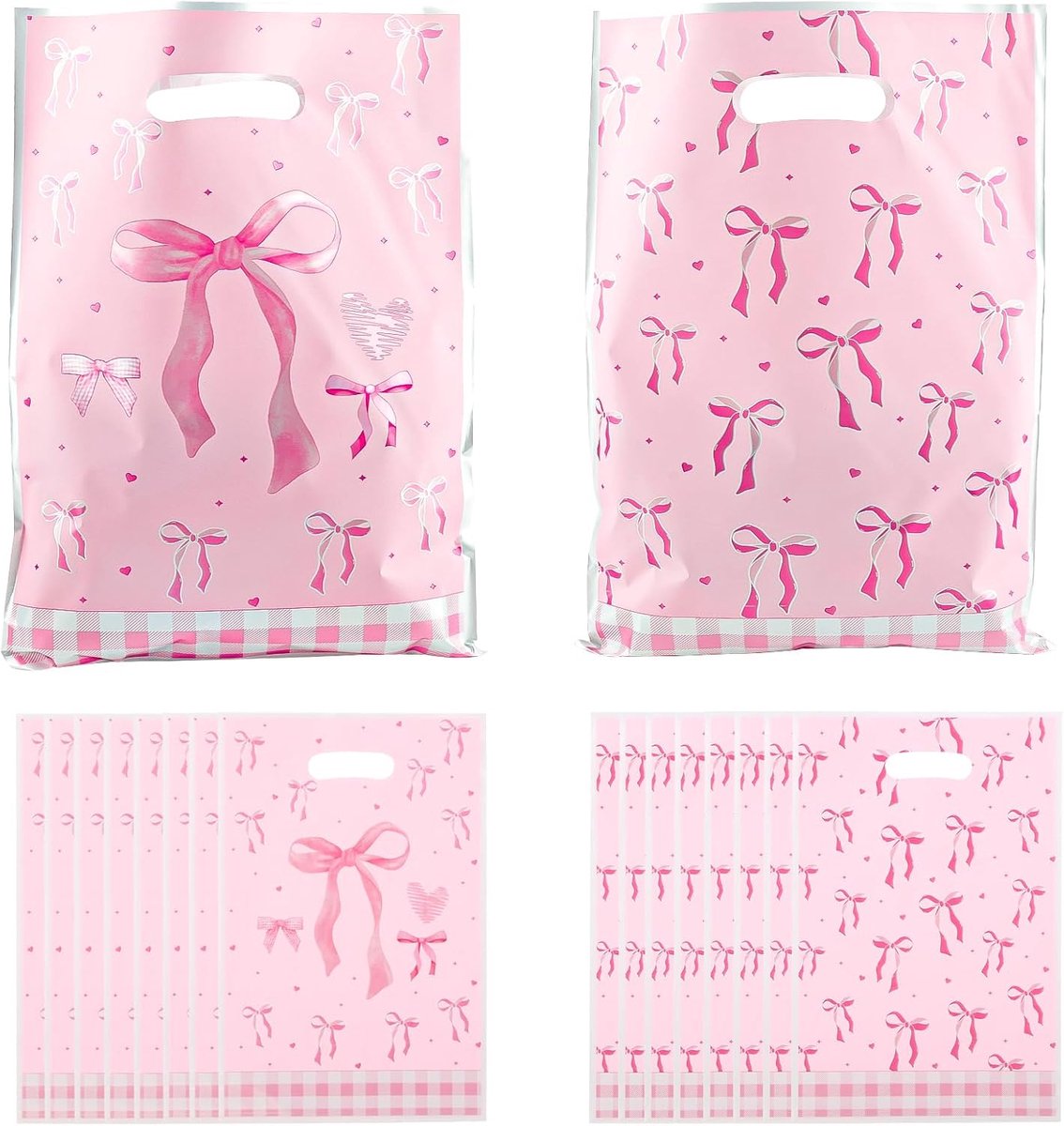 SnelShoppen - 50 Stuks Roze Cadeautasjes met Strik - Plastic Feestzakjes voor Meisjes en Vrouwen - Perfect voor Verjaardag, Bruiloft en Sweet Party De