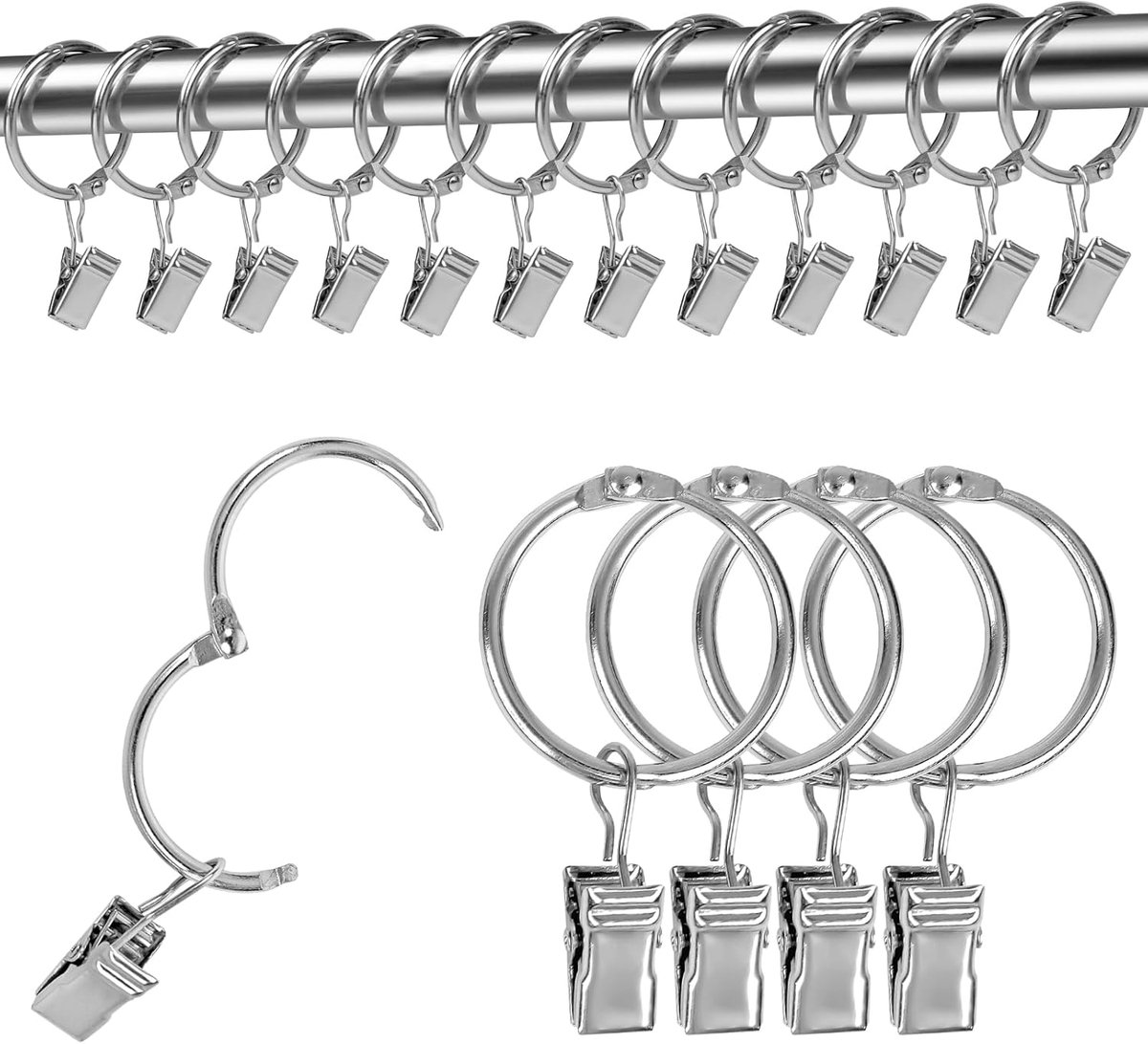 SnelShoppen - 25 Stuks Metaal Gordijnringen met Klemmen, 32mm Binnen Diameter, Zilver, Perfect voor Raamdecoratie, Gordijnen en Douchegordijnen