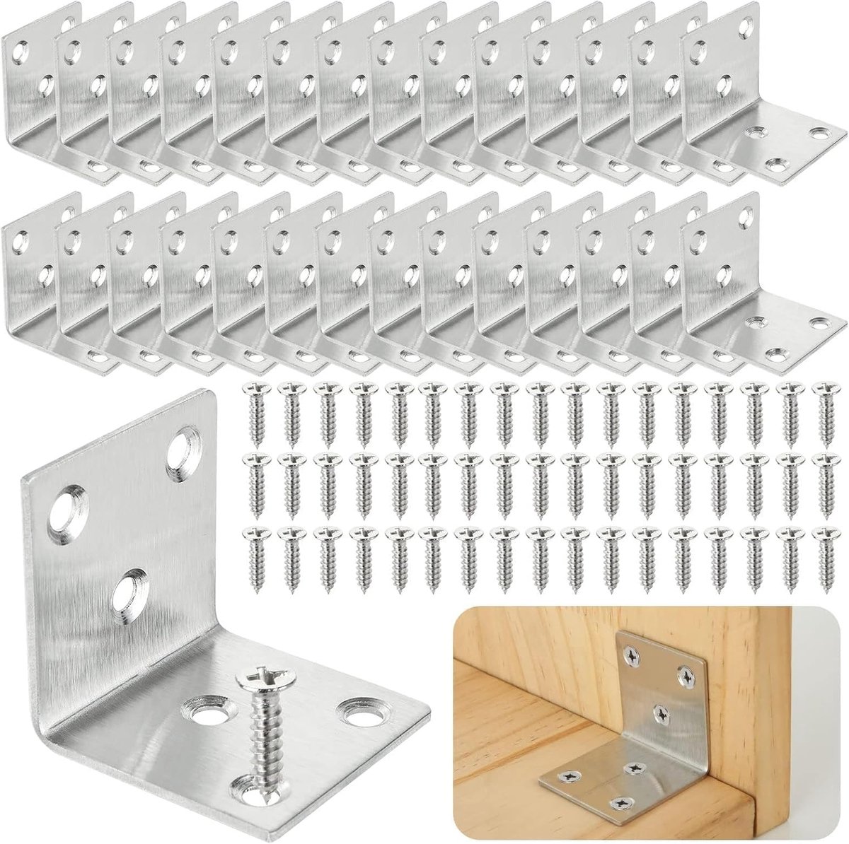 SnelShoppen - 40 Stuks Hoekverbinder Roestvrij Staal 40x40mm | Hoekprofiel met Gaten, Hoekbeugel voor Meubelhoek, Stoelhoek, Kast en Metaalhoek