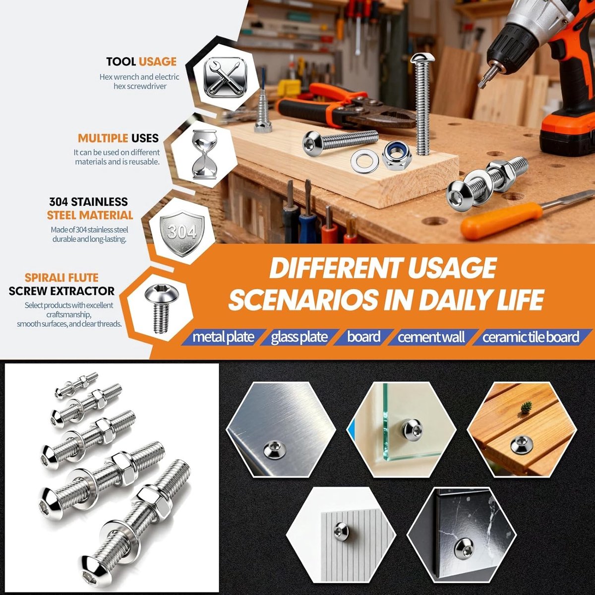 RVS M4 x 80 mm Schroeven Set van 10 met Lenskop, Inbusschroeven, Moeren en Ringetjes voor Meubelinstallatie en Industrieel Gebruik
