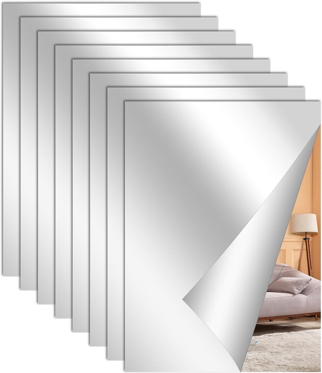 8 Stuks A4 Spiegels voor Plakken, Flexibele Zelfklevende Acryl Spiegels voor Badkamer, Woonkamer en Gastentoilet
