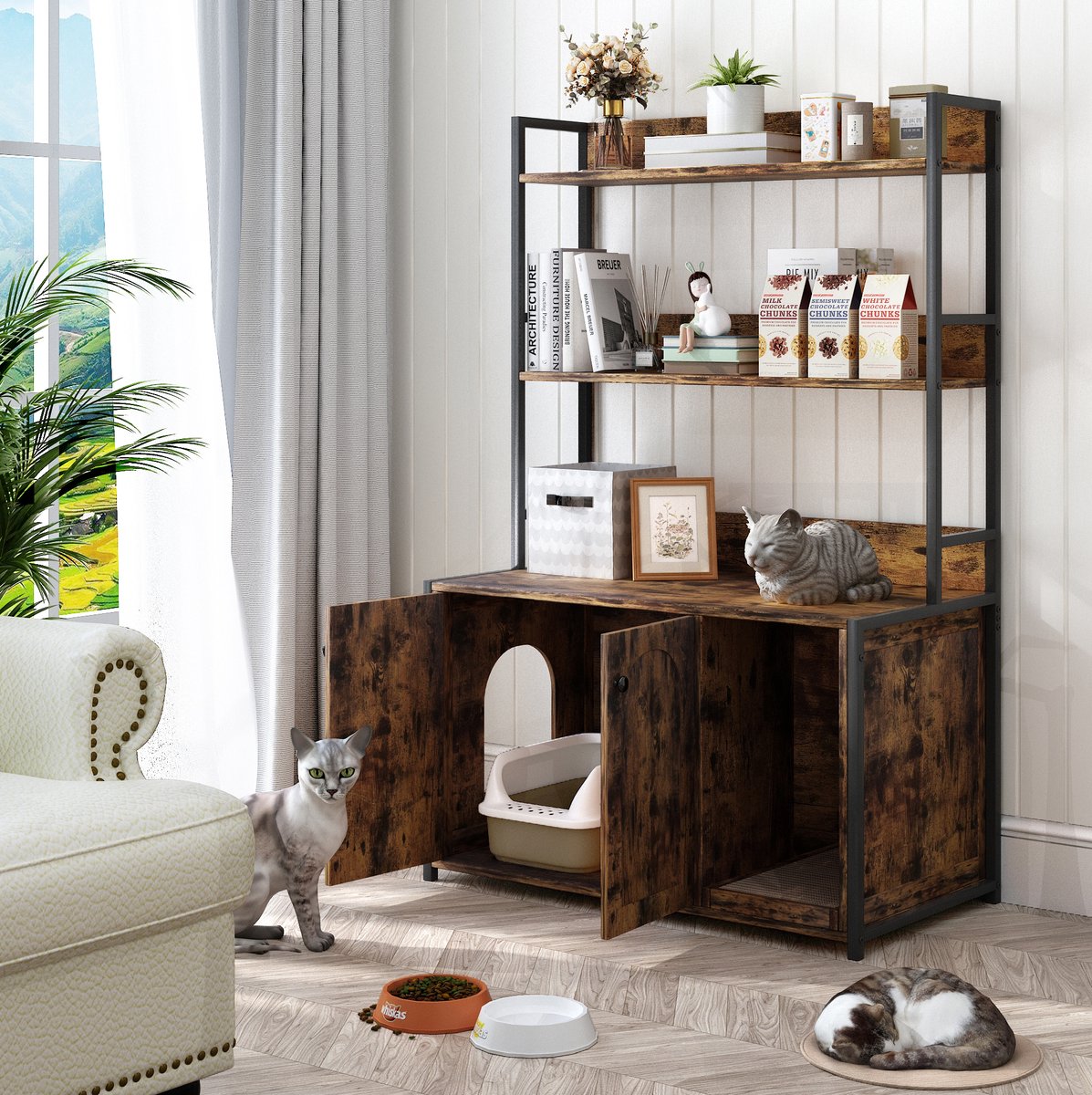 MIVRAY Kattenbak Kast - Ruim 3-Laags Opbergmeubel - 89,5 x 45 x 132 cm - MDF En Metaal - Bruin - Kattenbak En Opbergruimte