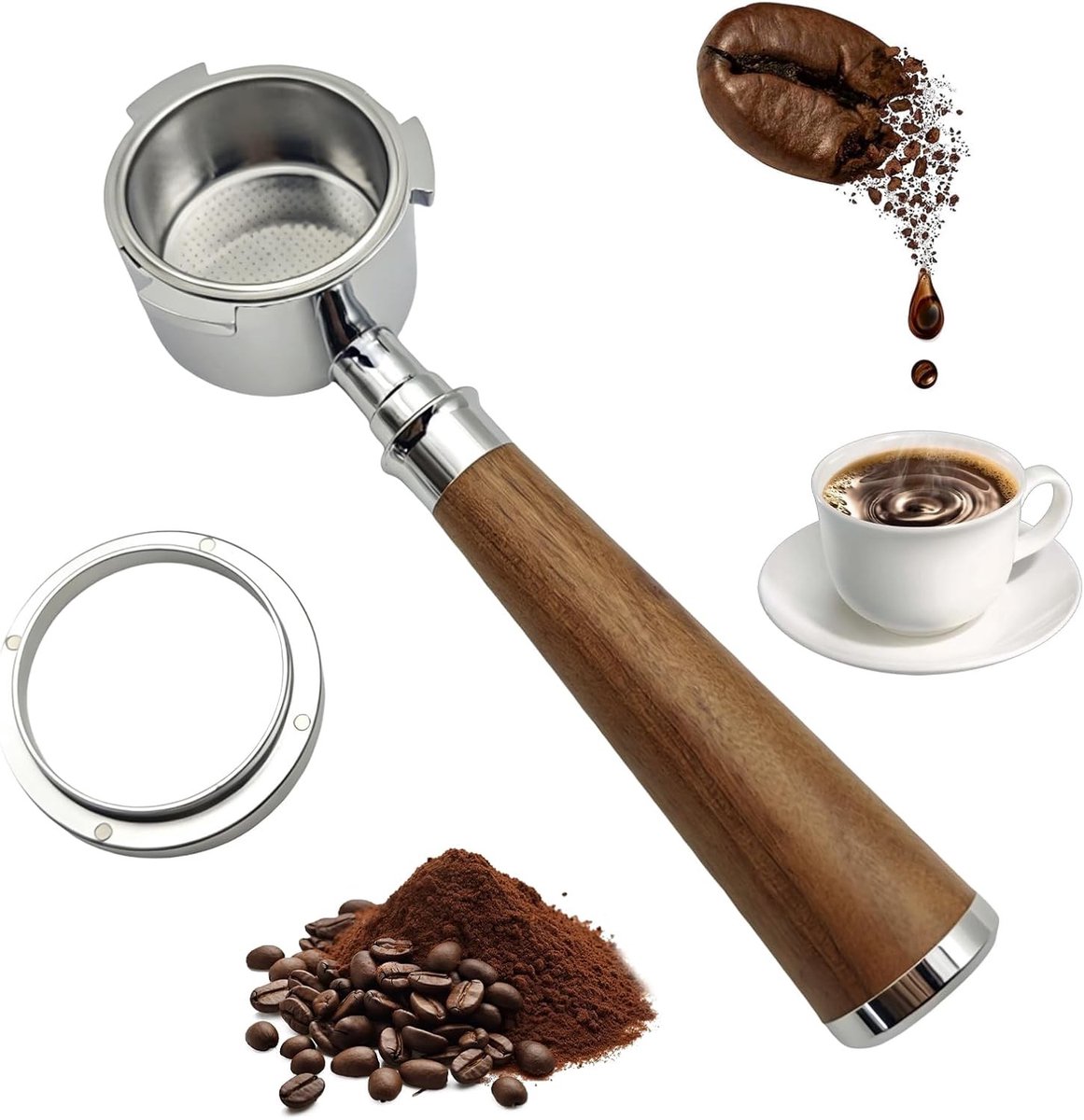 Bottomless portafilter 51 mm met 3 oren houten handvat en dubbele uitloop inclusief filtermandje en puck screen roestvrij staal espresso accessoires voor perfecte koffie
