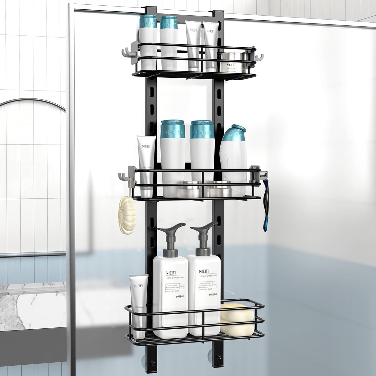 SnelShoppen - Over de douchedeur Caddy Pantry Organizer Rack - Roestbestendig Hangende Douche Organizer Plank Mand - Boorvrij Extra Groot Opbergrek vo
