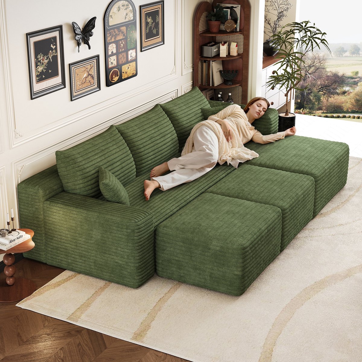 PHOEBE CAT Hoekbank - Slaapfunctie - L-bank - Met 2 poefs - Geen montage nodig - Groen (Chaise naar rechts)