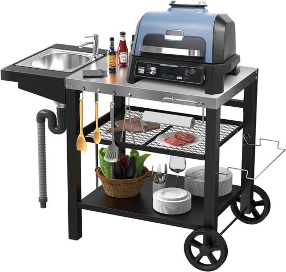 Grilltrolley met spoelbak 107 x 63 x 81 cm, ideaal voor buiten, barbecue en pizzaoven, weerbestendig en ruim ontwerp