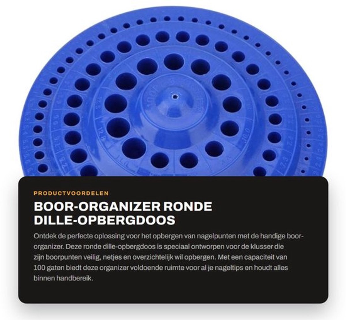 Boor-Organizer 100 Gaten - Ronde Opbergdoos - Ruimtebesparend - Veilig - Praktisch - Kunststof Basis - Nagelpuntenhouder