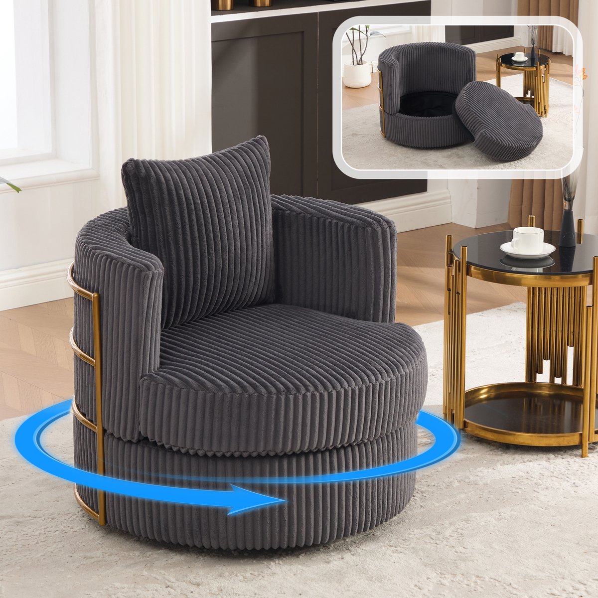 Draaifauteuil - 360° Relaxfauteuil Met Ribstof, Opbergruimte En Zachte Zitting - Grijs
