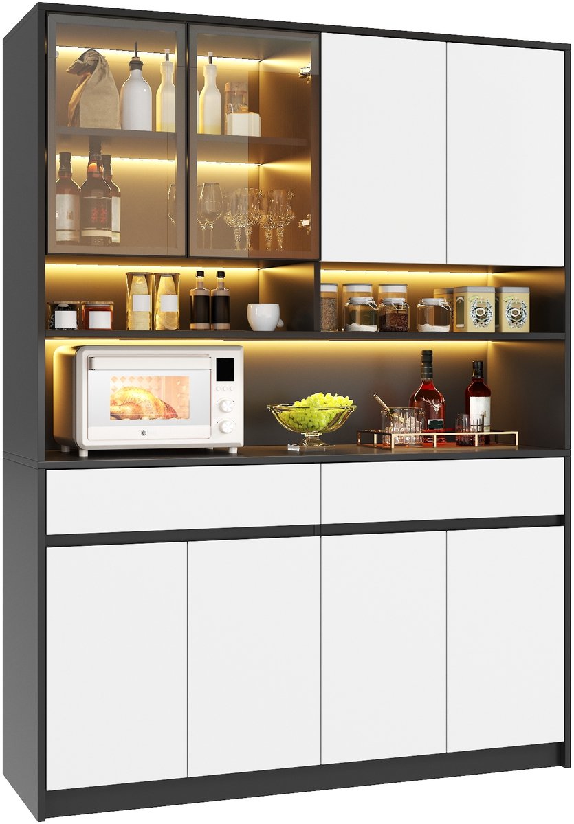 Hoog Sideboard met LED Verlichting - Modern Design in Black White - Ruime Opbergruimte