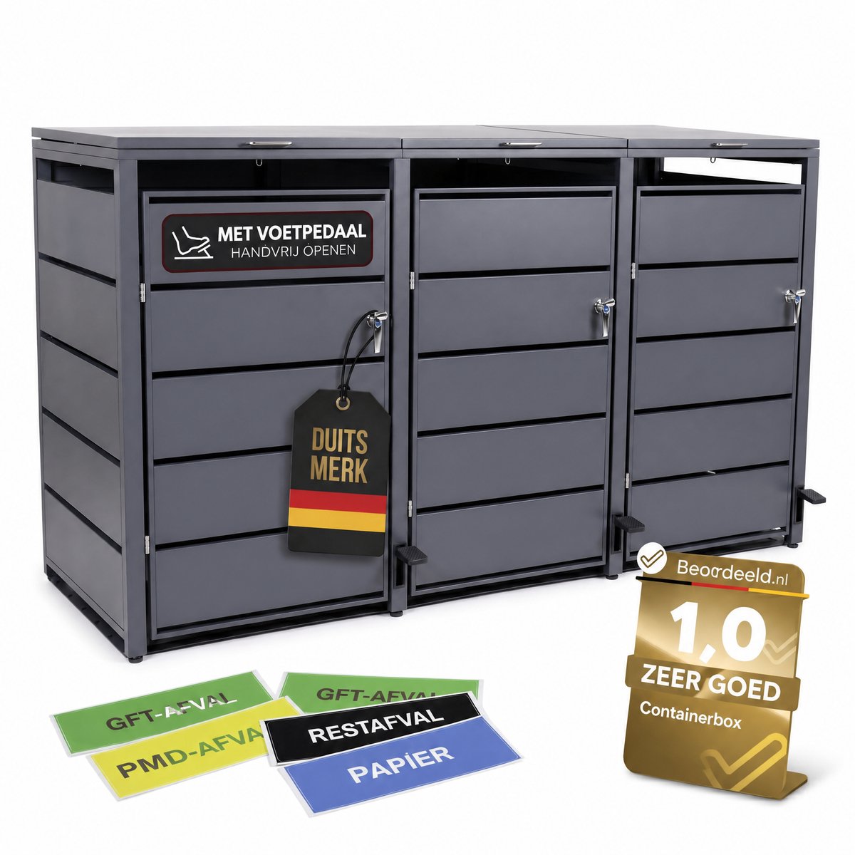 Afvalcontainerbox voor 3 containers met pedaal, 120 l tot 240 l, voor drie containers, metalen bekleding van verzinkt staal, antracietgrijs RAL 7016, afsluitbaar, weerbestendig, ISO 9227, inclusief set stickers