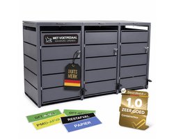 Afvalcontainerbox voor 3 containers met pedaal, 120 l tot 240 l, voor drie containers, metalen bekleding van verzinkt staal, antracietgrijs RAL 7016, afsluitbaar, weerbestendig, ISO 9227, inclusief set stickers