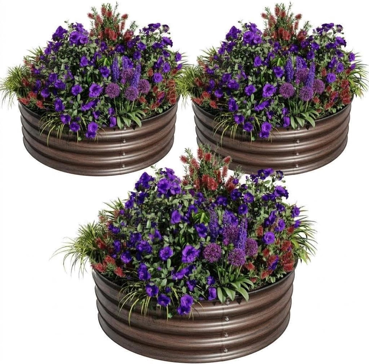 Set van 3 ronde, verhoogde plantenbakken van gegalvaniseerd staal, open ontwerp zonder bodem en beschermrand, 60x60x28 cm, moestuin voor balkons en bloemen