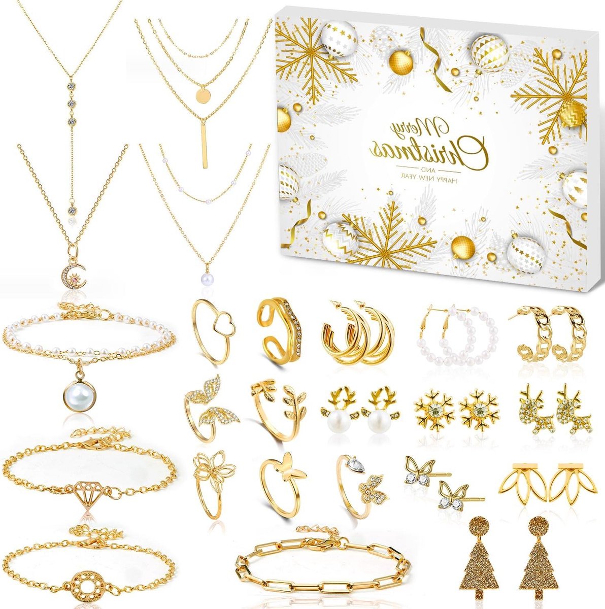 Adventskalender Sieraden - Kalender Vrouwen - Wachten op Kerst - Thema Kerst - 25 x 25 x 5 cm - Goud
