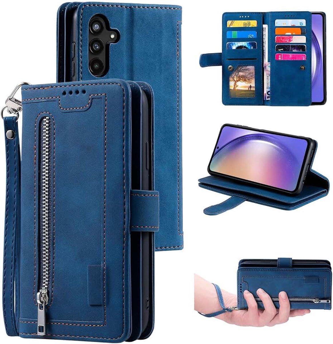 Portemonnee-hoesje voor Samsung Galaxy A54 5G, retro, 9 kaarthouders met sleuven en ritsvakje, handtasje, PU-lederen magnetische sluiting, standaard en polsband, TPU schokbestendig fliphoesje