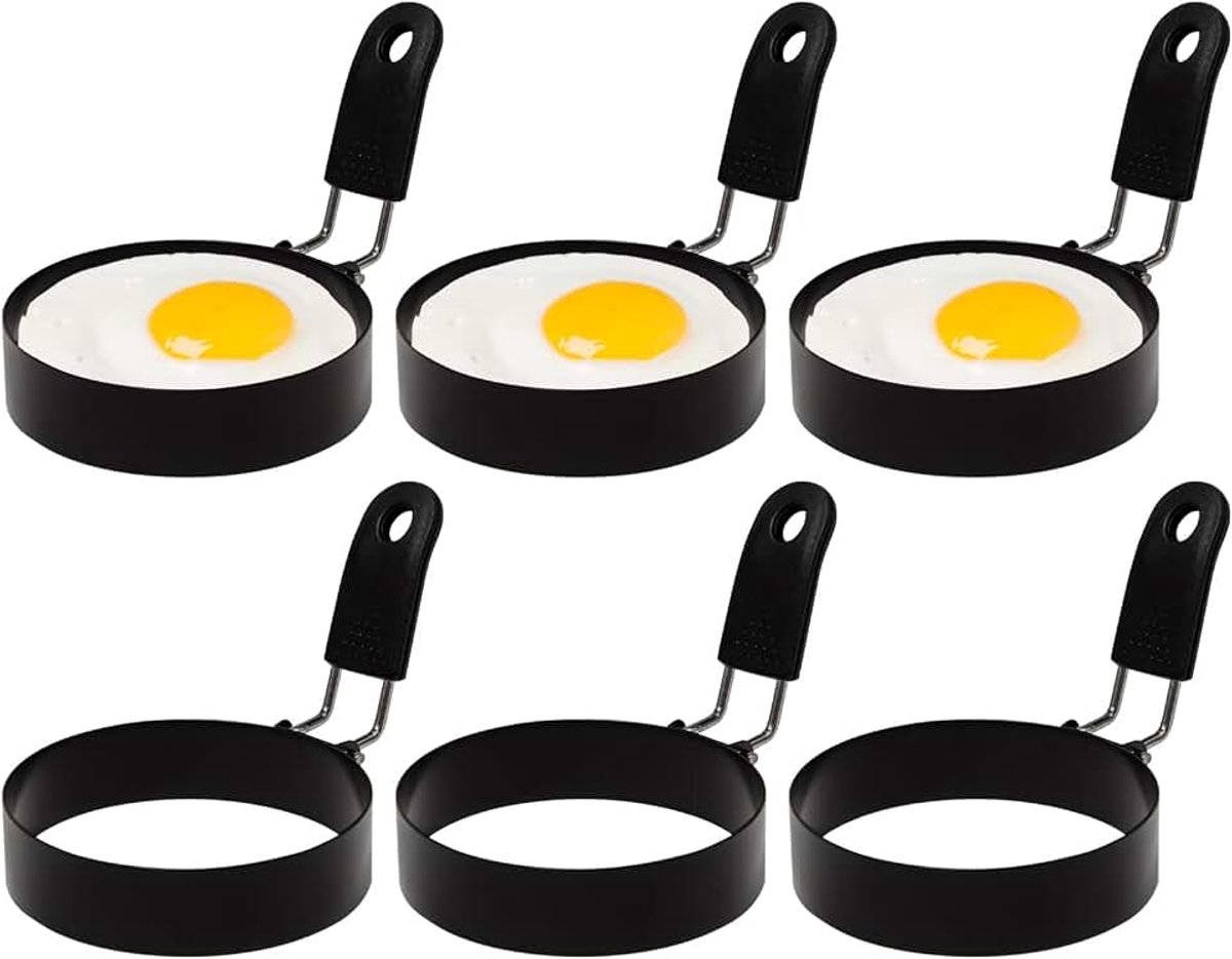 8 cm eierringen, spiegeleivormen met hittebestendige klapgrepen | 6 stuks roestvrijstalen eierringen, pannenkoekvorm, eierring, voor ontbijt, spiegeleieren, sandwich, gehakt, pannenkoeken