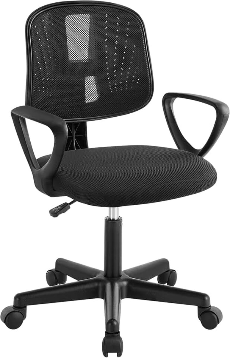 Bureaustoel voor kinderen, ergonomische houdingsstoel, 360° draaibare stoel, instelbare hoogte, kantoorstoel op wielen, armsteunen, ademend netondersteuning, zwart, K0003BS