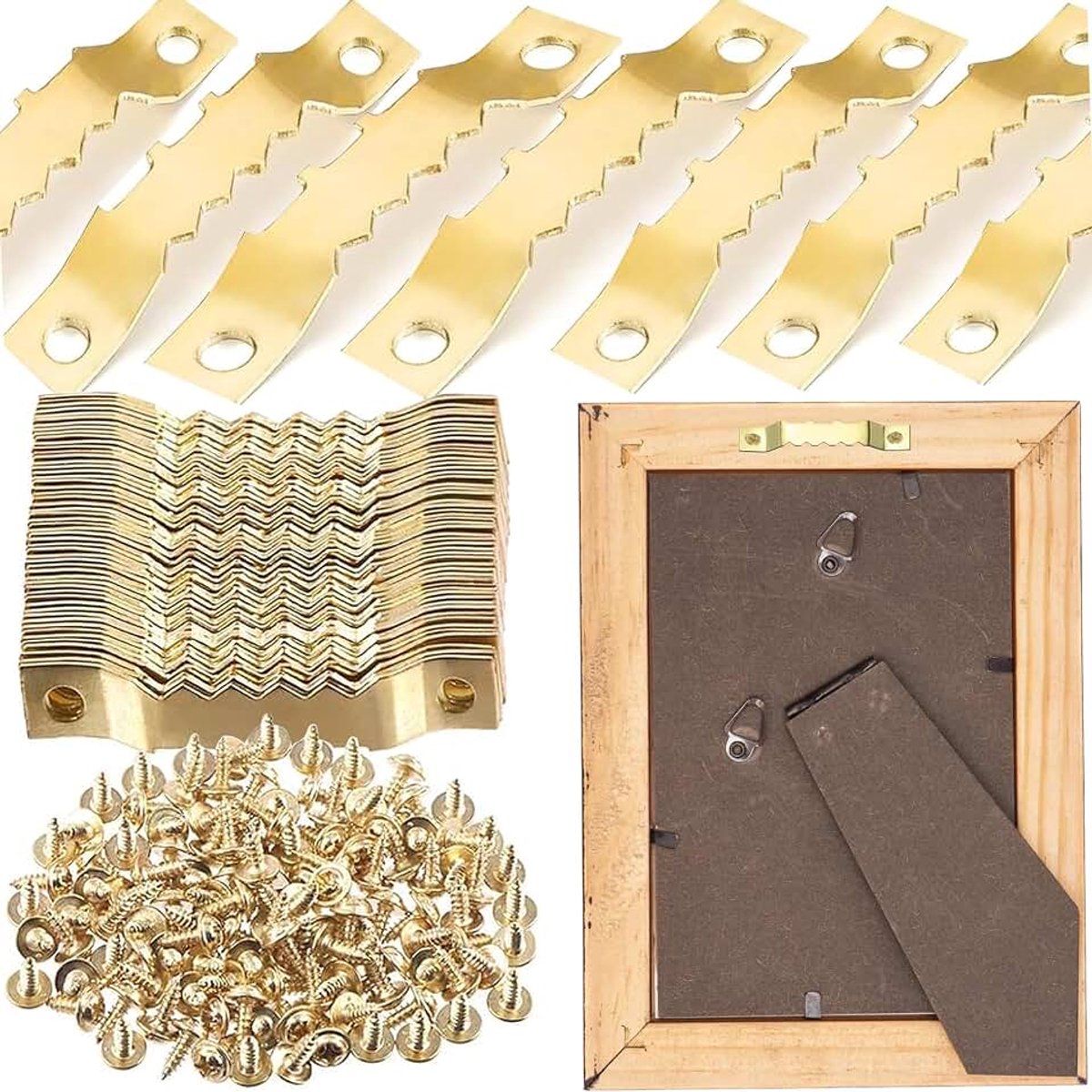 40mm Fotolijsten Hanghaken, 50 Stuks Zaagtand Fotolijst Hangers, Dubbel Gat Haken Met Schroeven, Voor Kantoor, Familie, Foto, Schilderkunst, Hangende Gesorteerde Soorten, Gouden