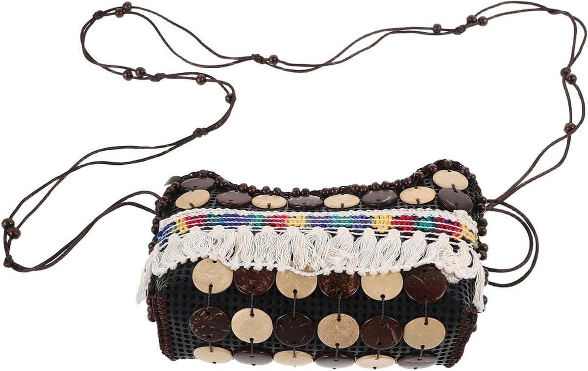 Schoudertas met Franje - Crossbody tas Reistas - Casual gebruik - Handgeweven kokosnootschaal - 20 x 12.3 x 6.2 cm
