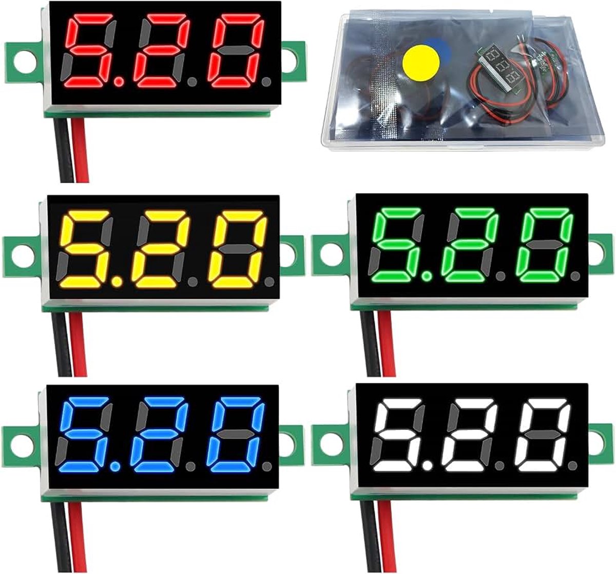 5 Stuks 0.28 Inch Mini Digitale Voltmeter, 2.4 V-30 V Mini DC Voltmeter met Twee draden, Omgekeerde Polariteit Bescherming en Nauwkeurige Drukmeting (Wit, Rood, Groen, Blauw, Geel)