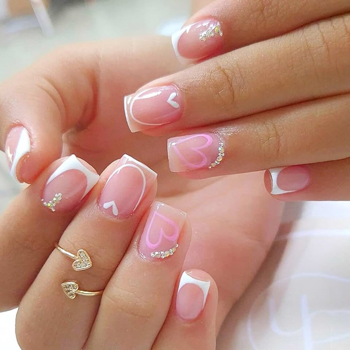 24 Stuks Druknagels Kort Vierkant Met Franse Nagels Wit, Nagels Om Op Te Plakken Als Nepnagels Met Hart Strass Design