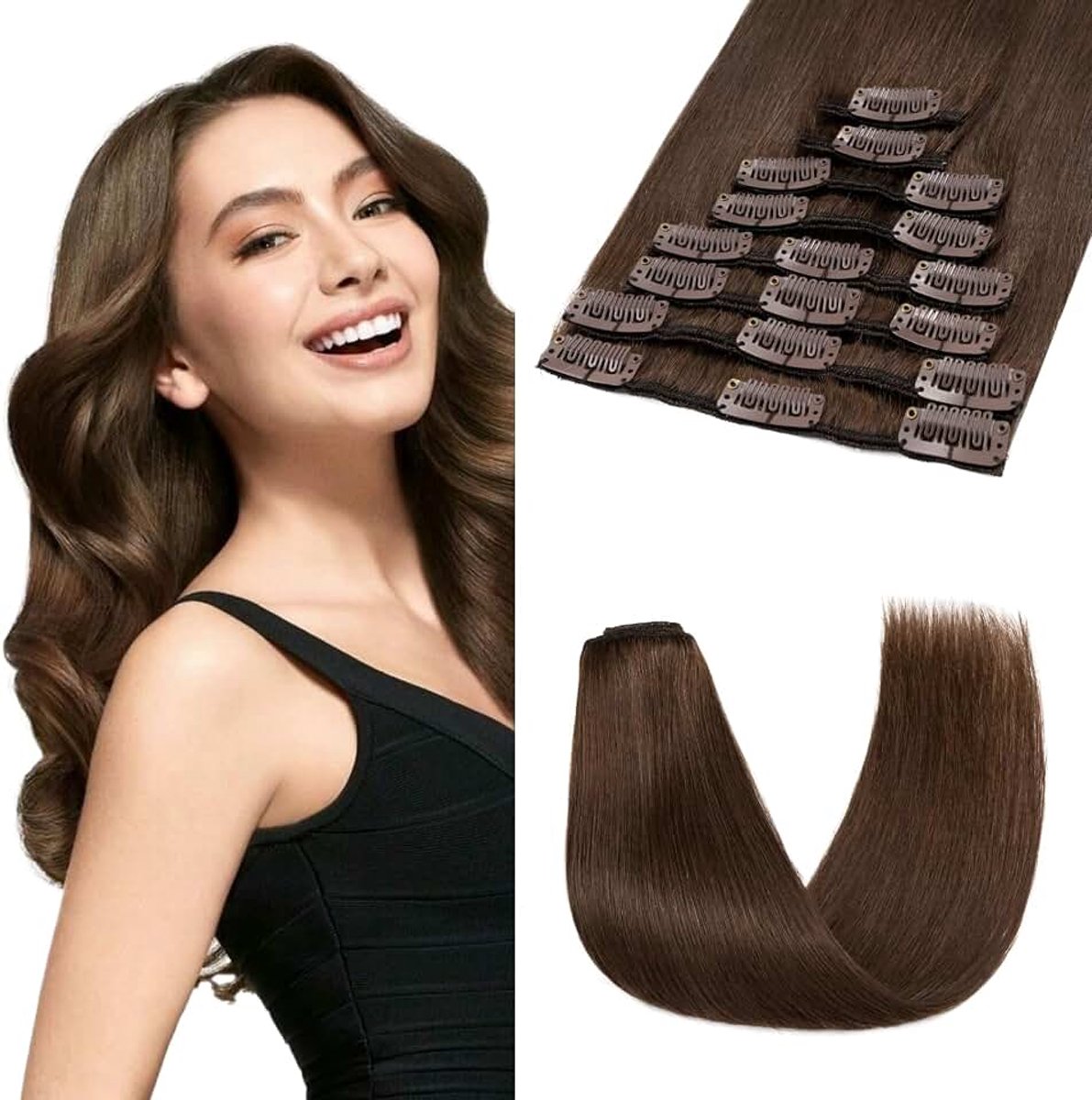 Extensions echt haar 100% Remy menselijk haar Chocoladebruin, 35 cm 8 stuks haarverlenging onzichtbaar steil natuurlijk #04-60g