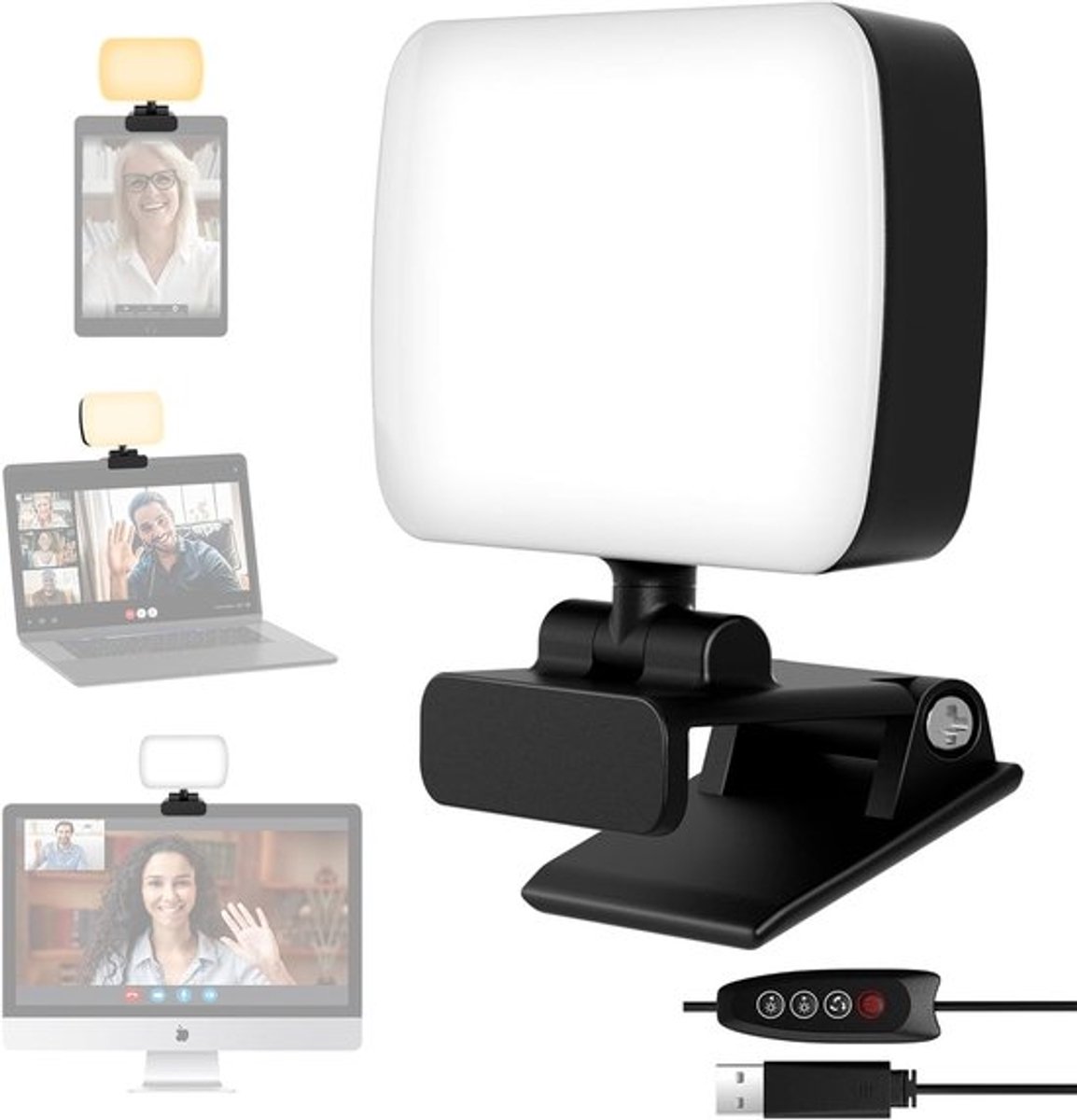 Professionele Videoconferentie Verlichting met Clip en USB-kabel, 120 LED's, 3 Kleuren, 10 Helderheidsniveaus, 360° Draaibaar, Ideaal voor Zoom Meetings, Streaming en Fotografie