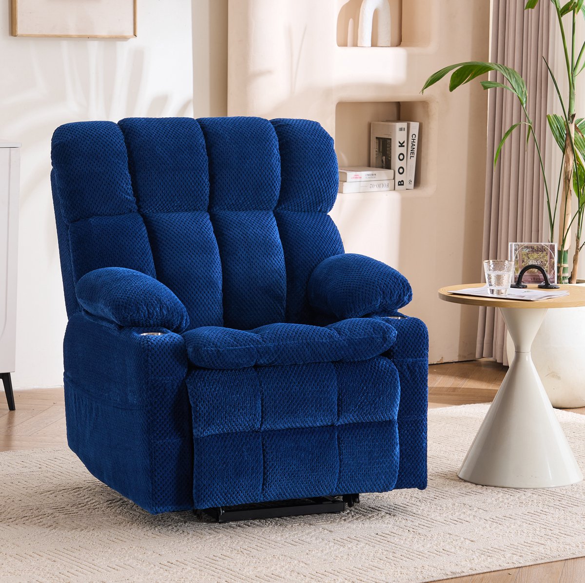 FloraGrace Relaxfauteuil 1-Zits - Elektrisch Met Twee Motoren, Sta-Op Functie, Massage En Warmte - Woonkamer - Stof - Blauw