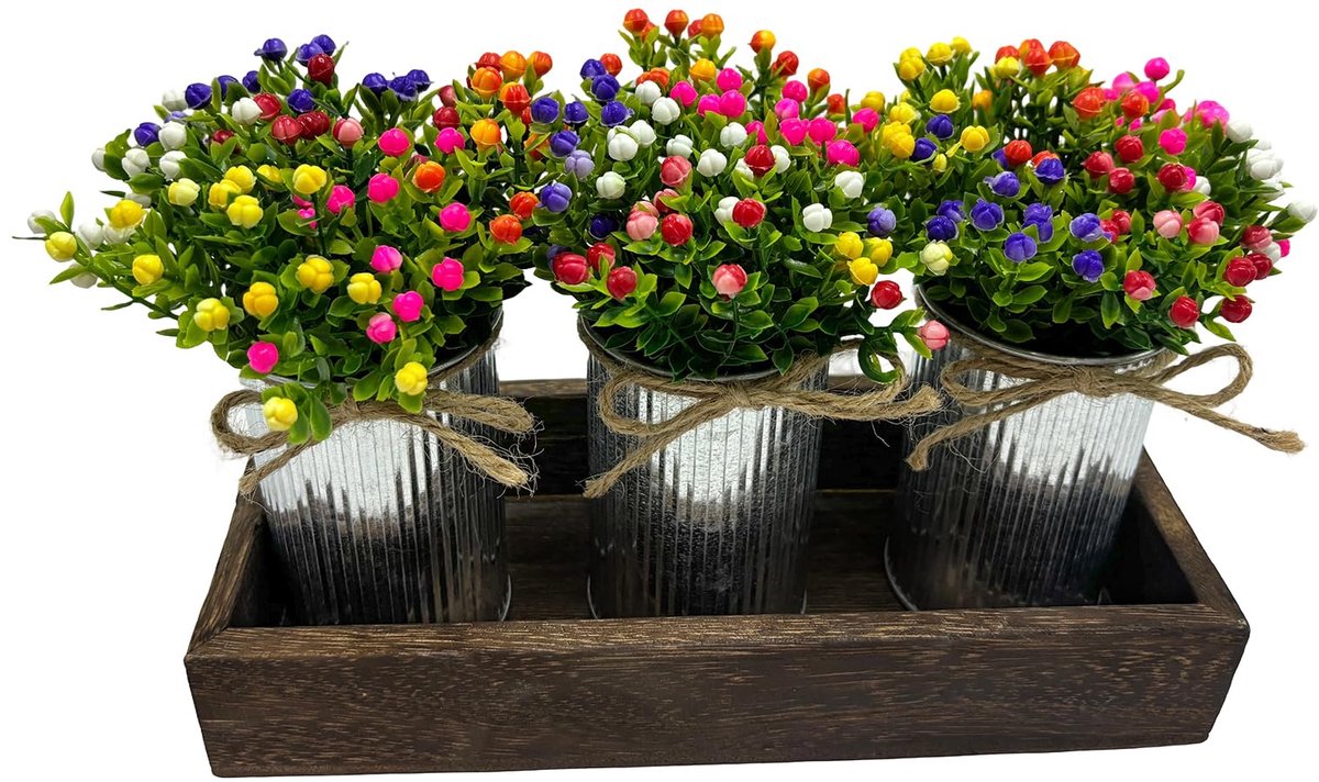 Triumpunpre Kunstbloemen Gipskruid Tafelstuk - 7-delige Set met Houten Dienblad en Metalen Emmertjes - Nepbloemen Centerpiece - Landelijke Tafeldecoratie voor Eettafel, Vensterbank & Bruiloft - Wit