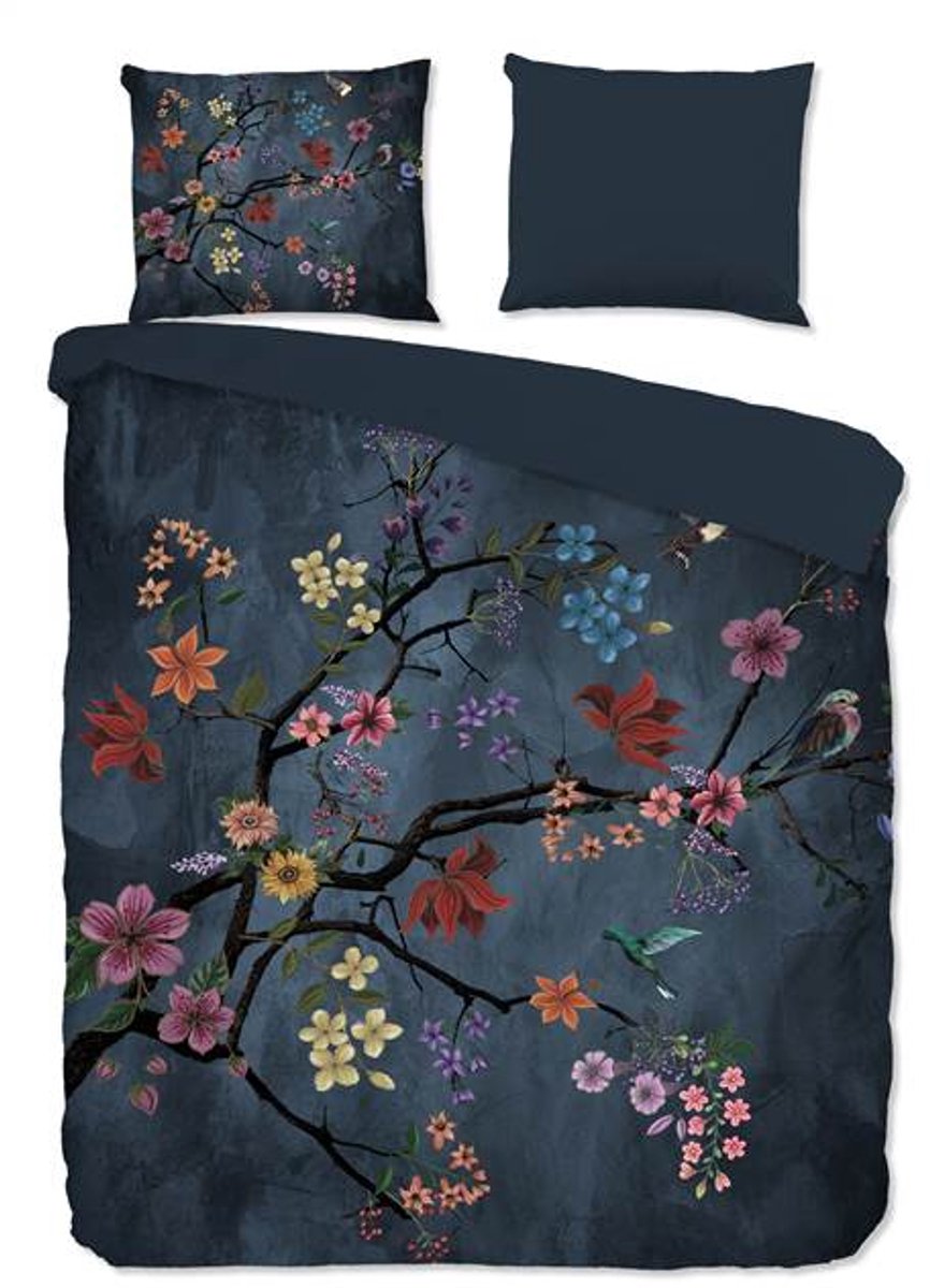 Pure dekbedovertrek takken met gekleurde bloemen en vogels - 2 persoons 200x200/220 cm - Donkerblauw - Microvezel