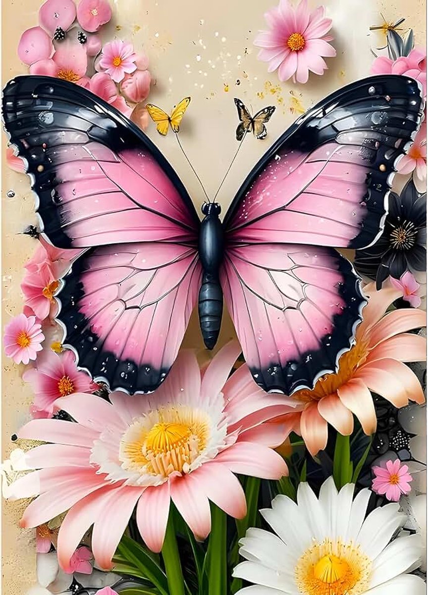 Doe-het-zelf roze vlinder 5D Diamond Art Kits, rond, volledige boor, kleurrijke bloemen, diamantschilderij, chrysant schilderen op nummer, kunstkits voor volwassenen, beginners, huisdecoratie
