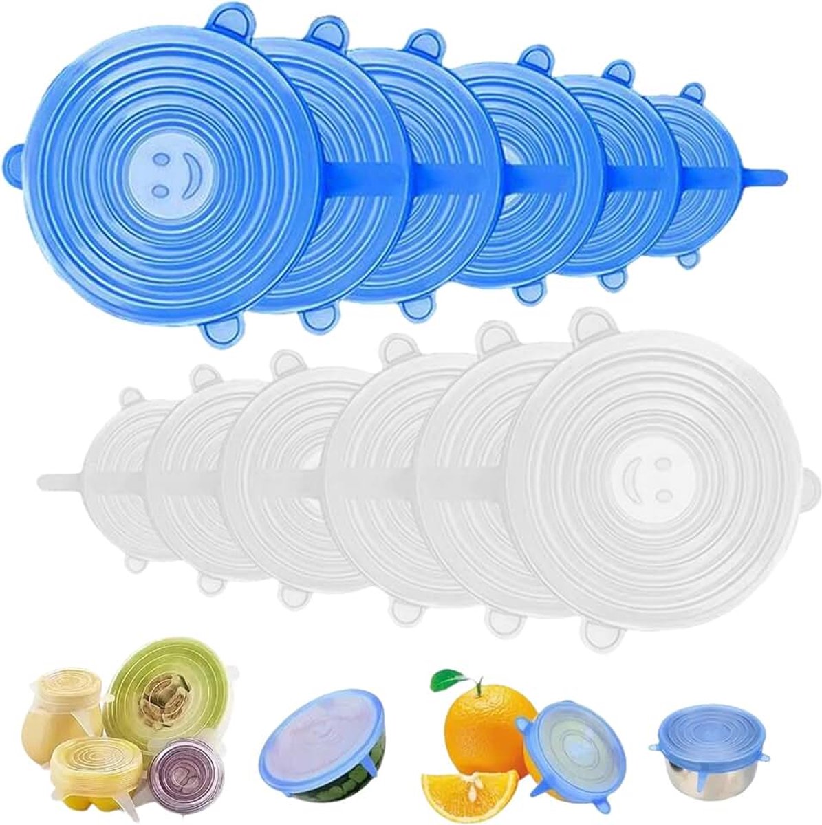 Deksels voor de keuken, elastische siliconen deksels, herbruikbaar, 6 verschillende maten, hittebestendig, voor glazen, kommen, kopjes, flessen, blikjes (blauw +