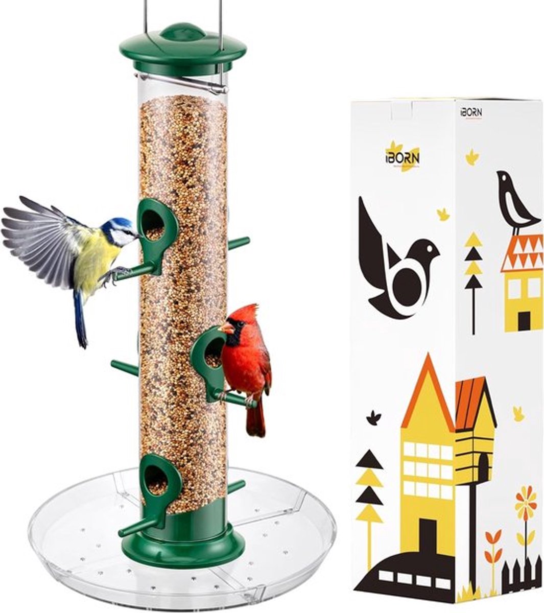 Buitenvoederhuis voor vogels met 6 openingen, geschikt voor kardinalen, van duurzaam aluminium in groene afwerking, 35 cm hoog