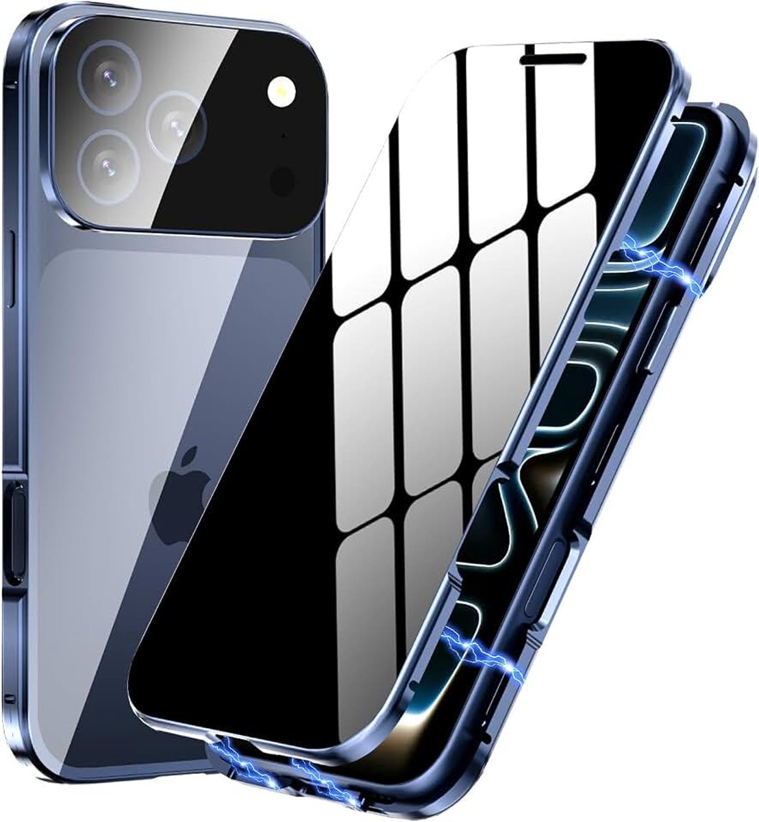 Case voor iPhone 17 Pro Max, Privacy Magnetische Metalen Cover met Ingebouwd Voor- en Achterkant Gehard Glas & Camerabeschermer, 360° Volledige Lichaamsbescherming, Diep Blauw