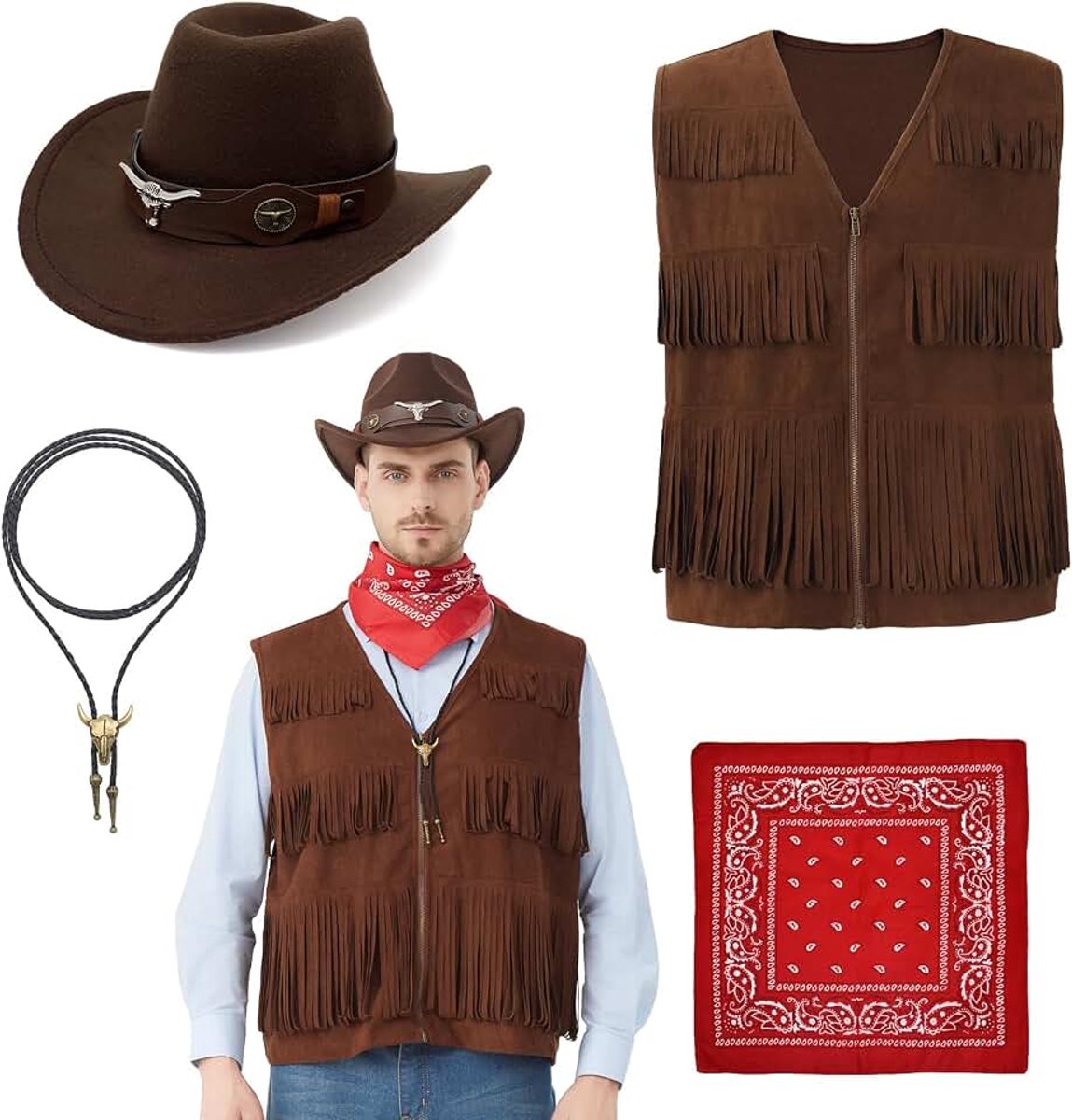 Cowboykostuum voor volwassenen, 4 stuks, westernvest voor heren, voor Halloween, carnaval, wilde westthemafeesten