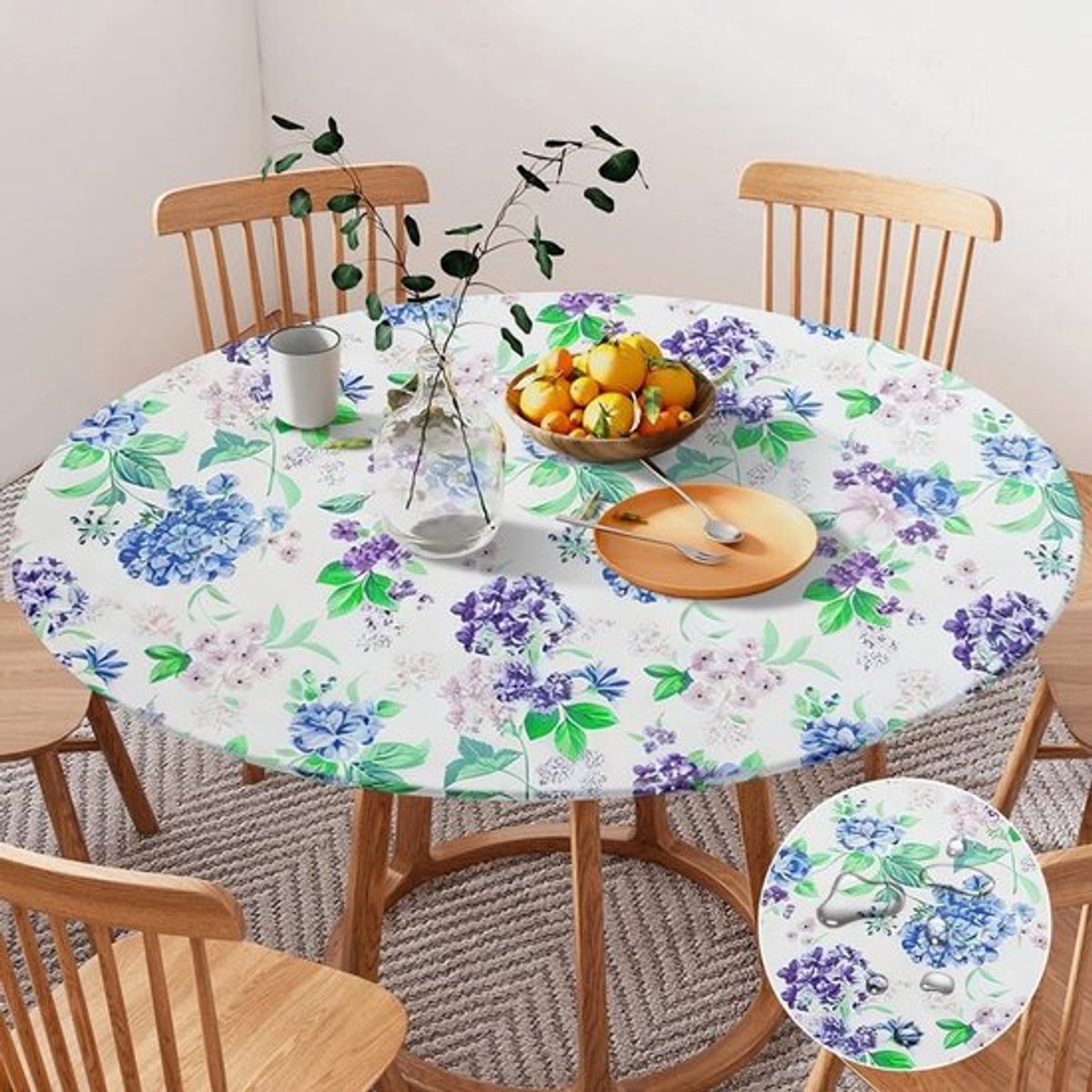 Ronde Waterdichte Tafelkleed voor Buiten met Elastiek - 120 cm - Wasbaar Tuin Tafelkleed met Hortensia Patroon, Geschikt voor 105 cm Tafel