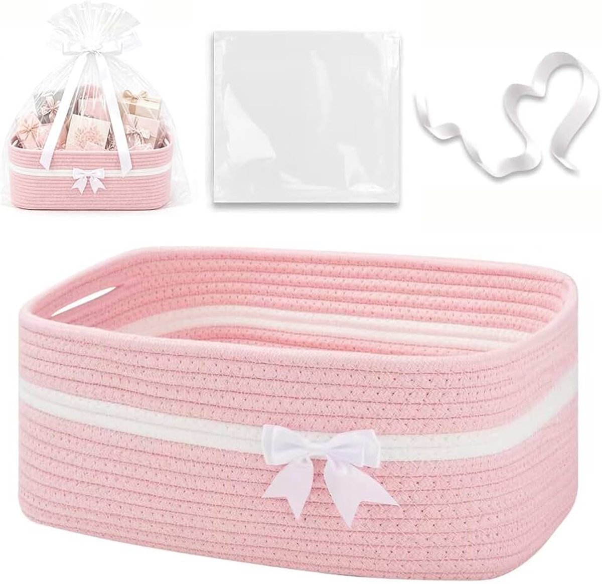 Leeg, opbergmand, gevlochten mand voor geschenken met geschenkzakjes en linten, geschenkmanden, geschenkmand, leeg voor verjaardag, bruiloft, babyshower, oogstfeest, Kerstmis