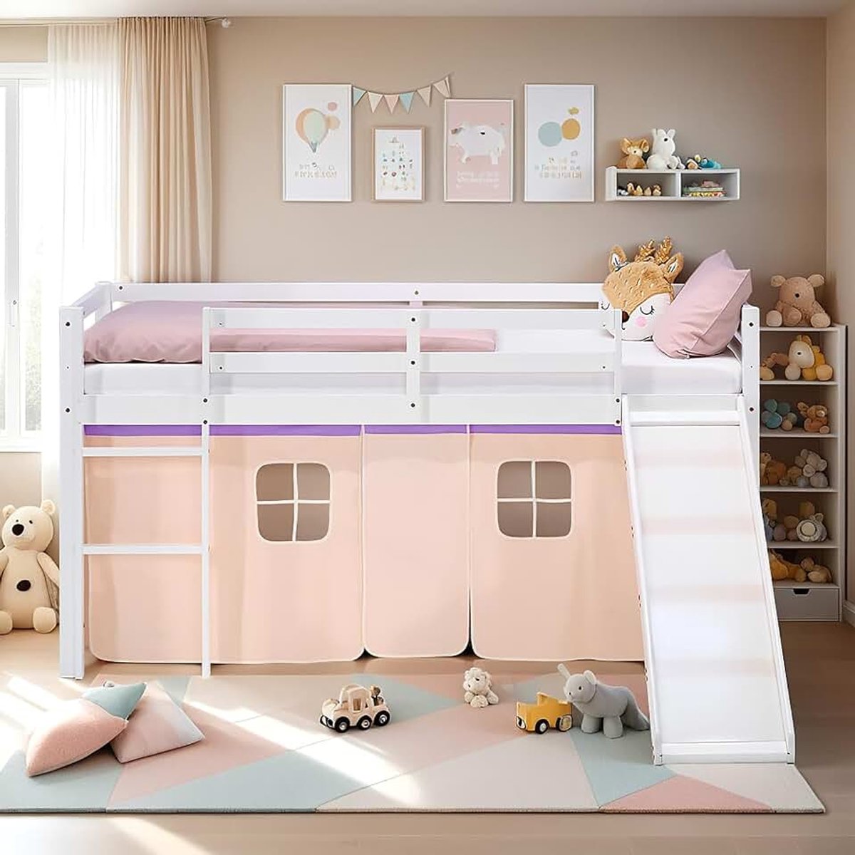 Hoogslaper met glijbaan 90x200 cm - speelbed wit meisjes grenen | Massief houten kinderbed incl. lattenbodem & gordijn lila-beige - ladder & valbeveiliging - hoogwaardig grenenhout