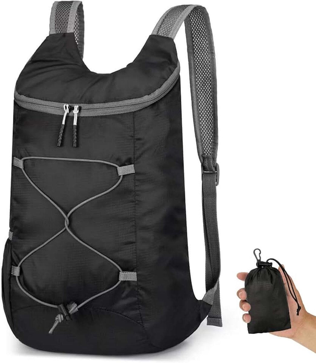 Opvouwbare reisrugzak 40x26x14cm, waterdicht en ademend nylon, kleine unisex sportrugzak voor trekking, kamperen en fietsen, zwart