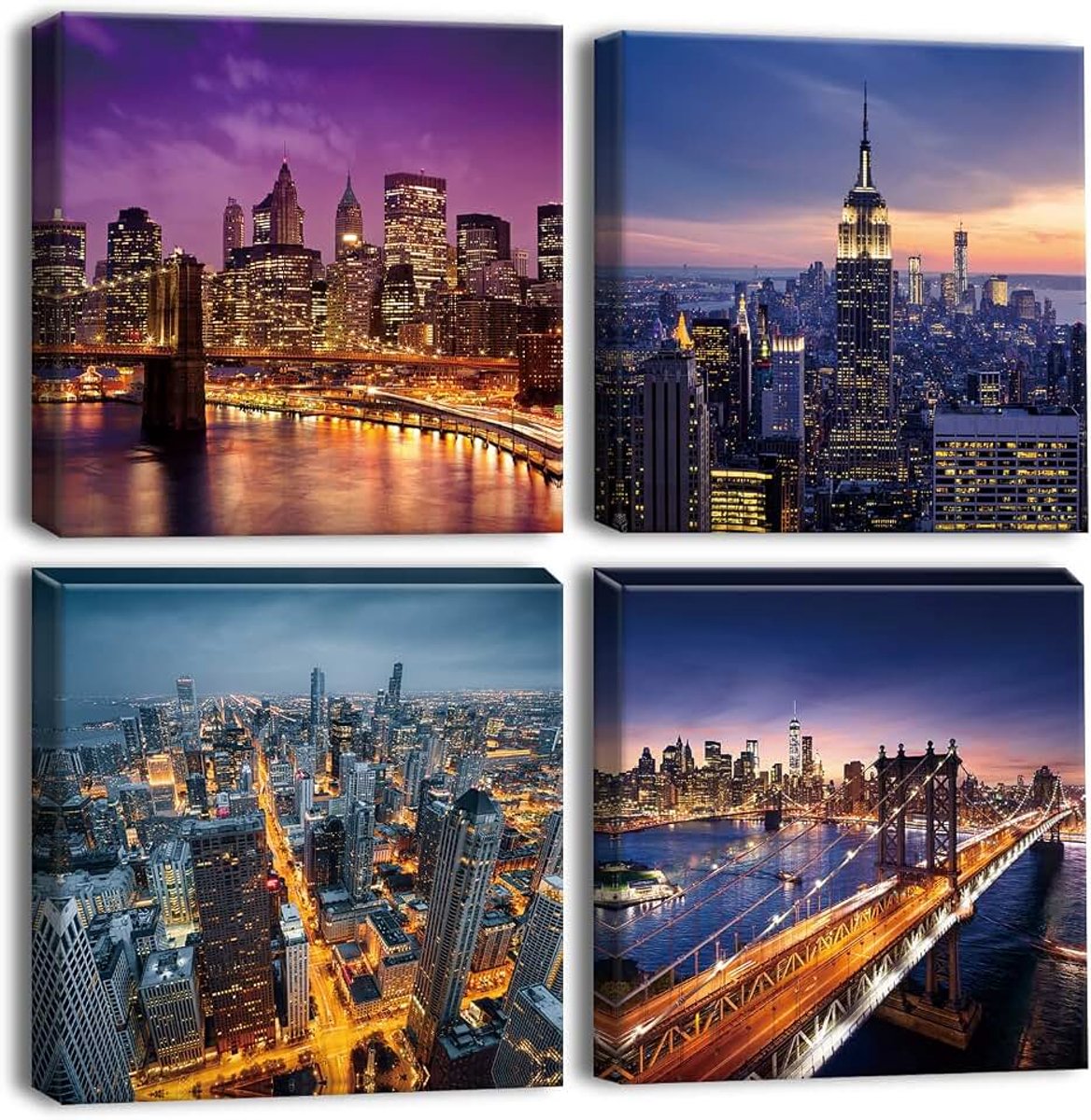 Muurkunst canvas prints - nachtelijke moderne stad fotoschilderij - modern ingelijst muurkunstwerk als geschenk, voor badkamer-, woon-, keuken- of kantoordecoratie - 30 x 30 cm, 4 stuks