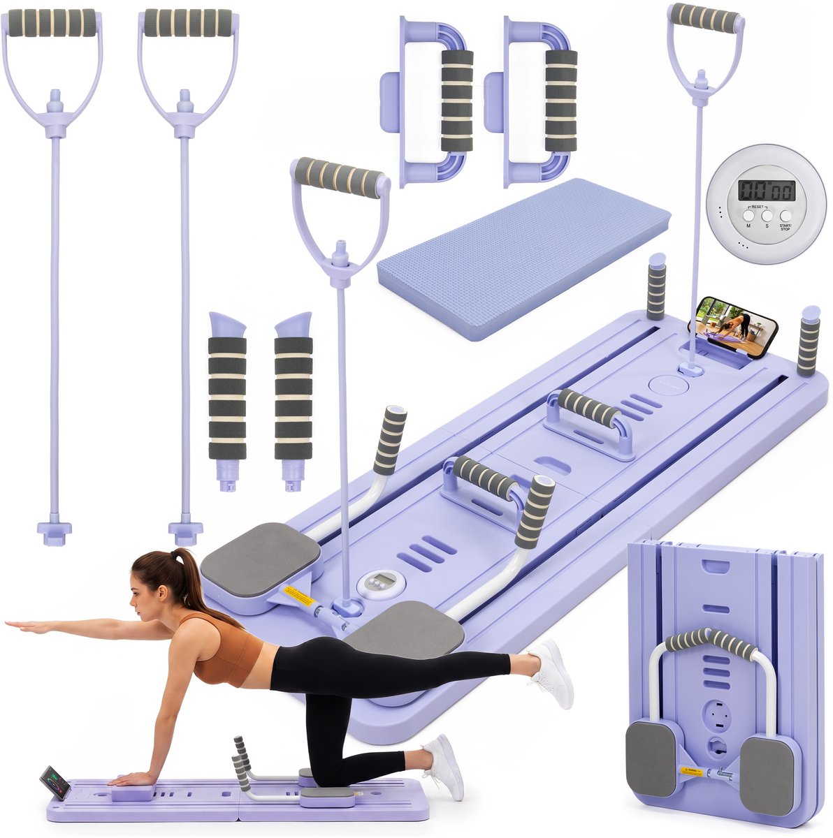 Actiget® Pilates Reformer - Pilates Board - Buikspiertrainer - Fitnesstrainer - Multifunctioneel - Opvouwbaar - Paars - 150 Kg