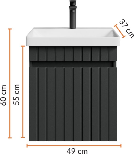 Mat antraciet wastafelmeubel met ribbeldeuren, 49 cm breed, 60 cm hoog.